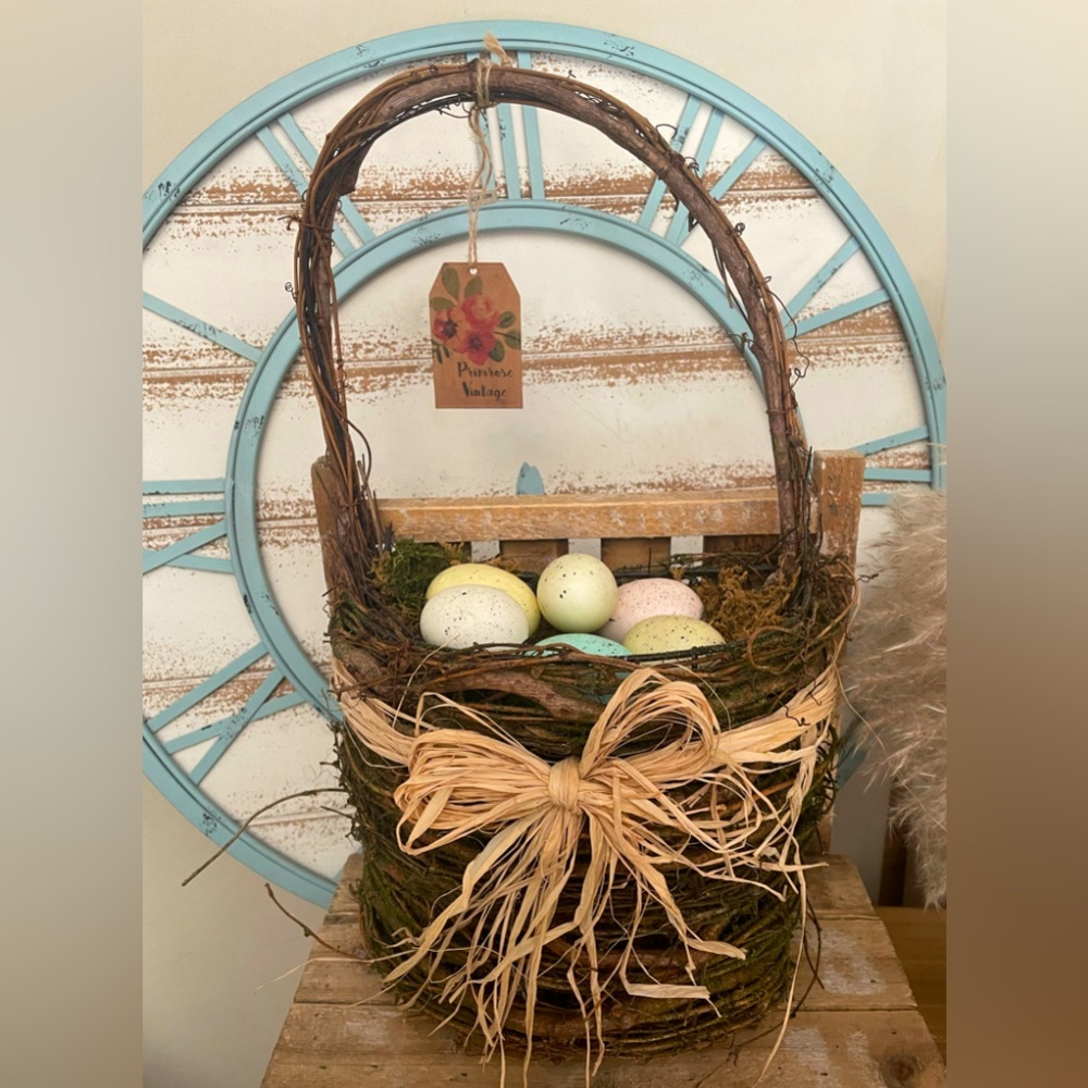 EASTER DECOR SITTING/HANGING BASKET WITH EGGS-NEW